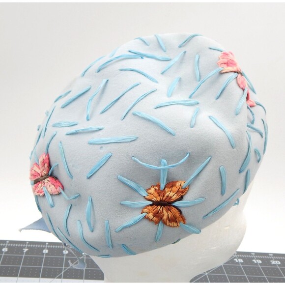Vintage Womens Felt Beret Hat Blue Butterfly Applique Meyer Brothers Raffia main image 5